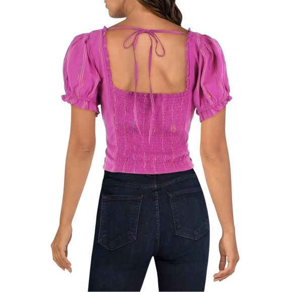 Free People Seatonin Corset Smocked Puff Sleeve Stripe Top Size XS - Picture 2 of 6